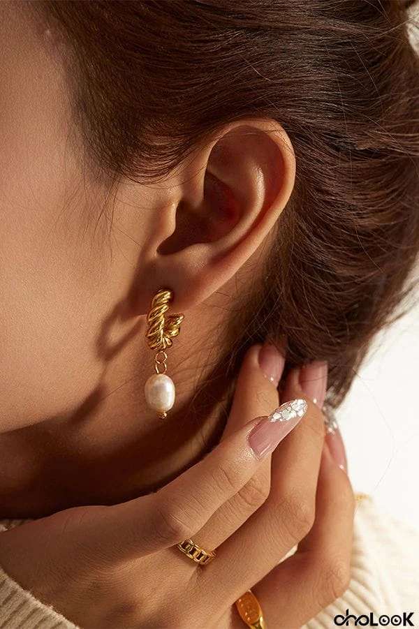 18K Twisted Hoop Fresh Water Pearl Drop Earrings
