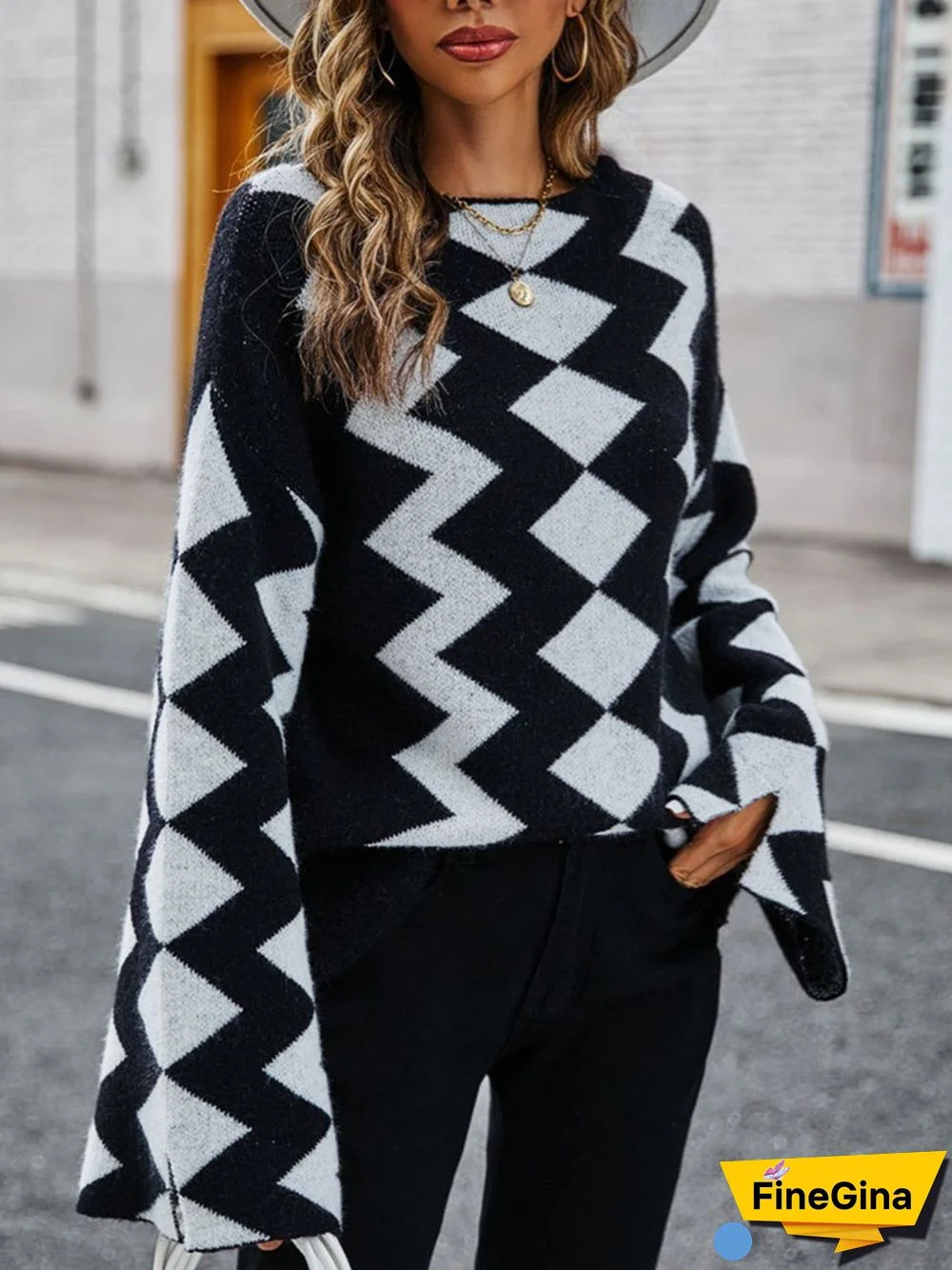 Women's Plaid Striped Solid Color Long Sleeve Scoop Neck Top