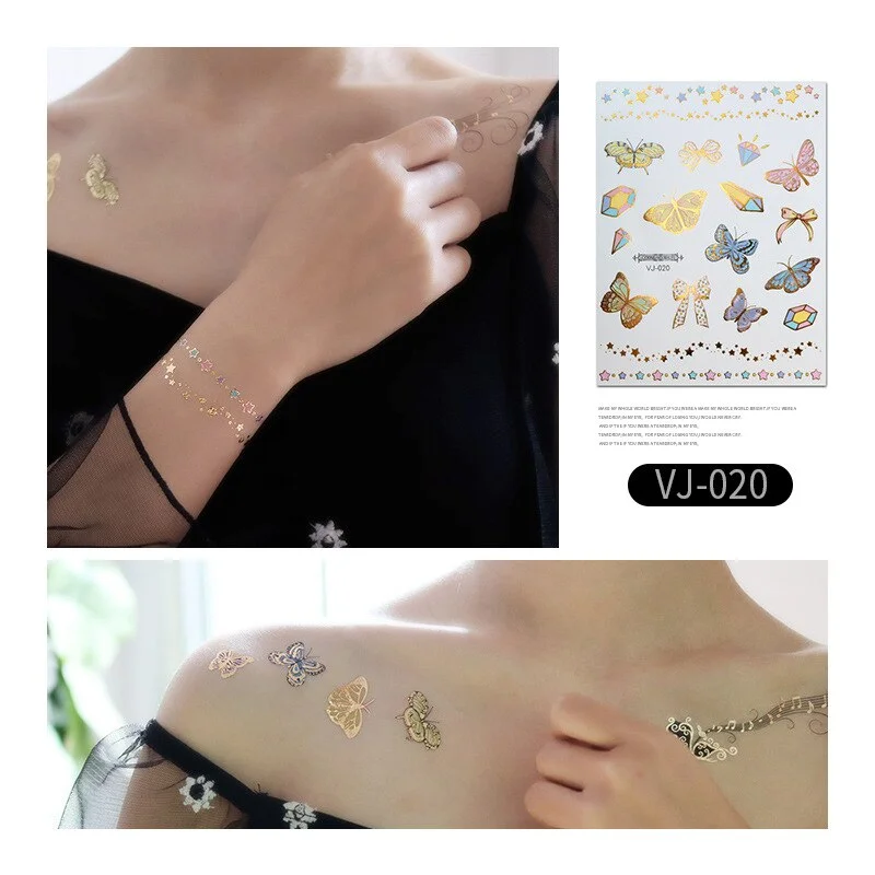 12 Kinds Bronzing Tattoo Butterfly Disposable Shiny Party Makeup Sticker Women Temporary Body Art Summer Waterproof