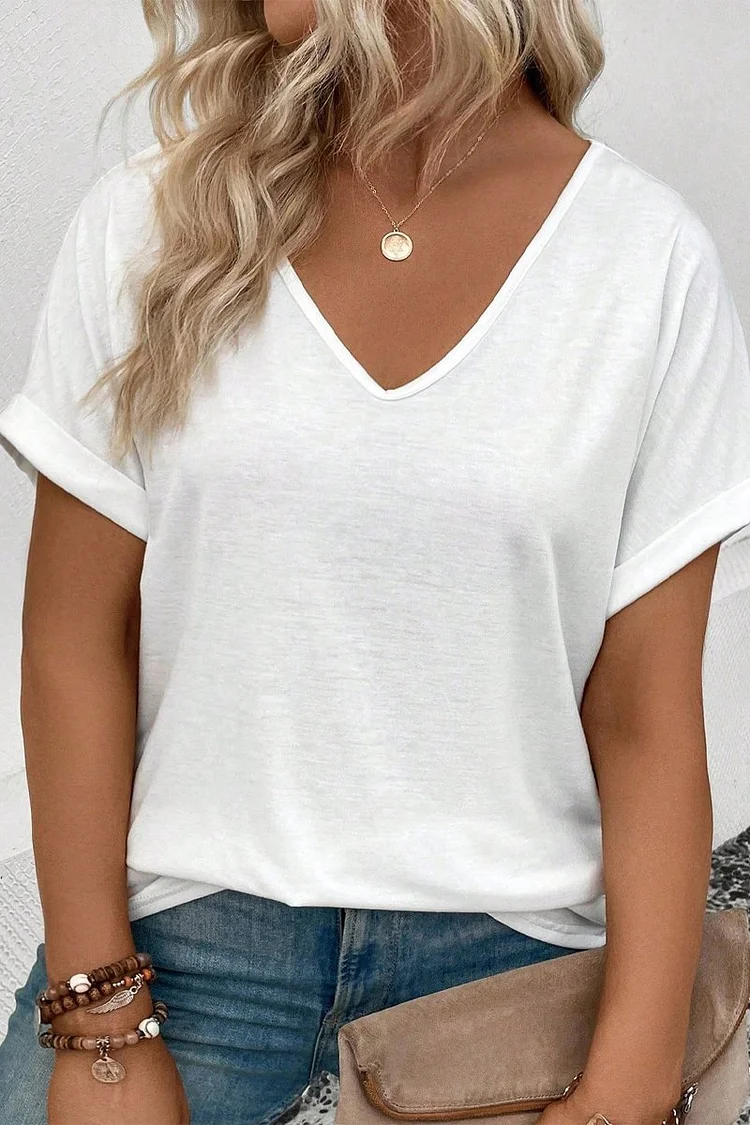 Solid color V-neck short-sleeved casual T-shirt