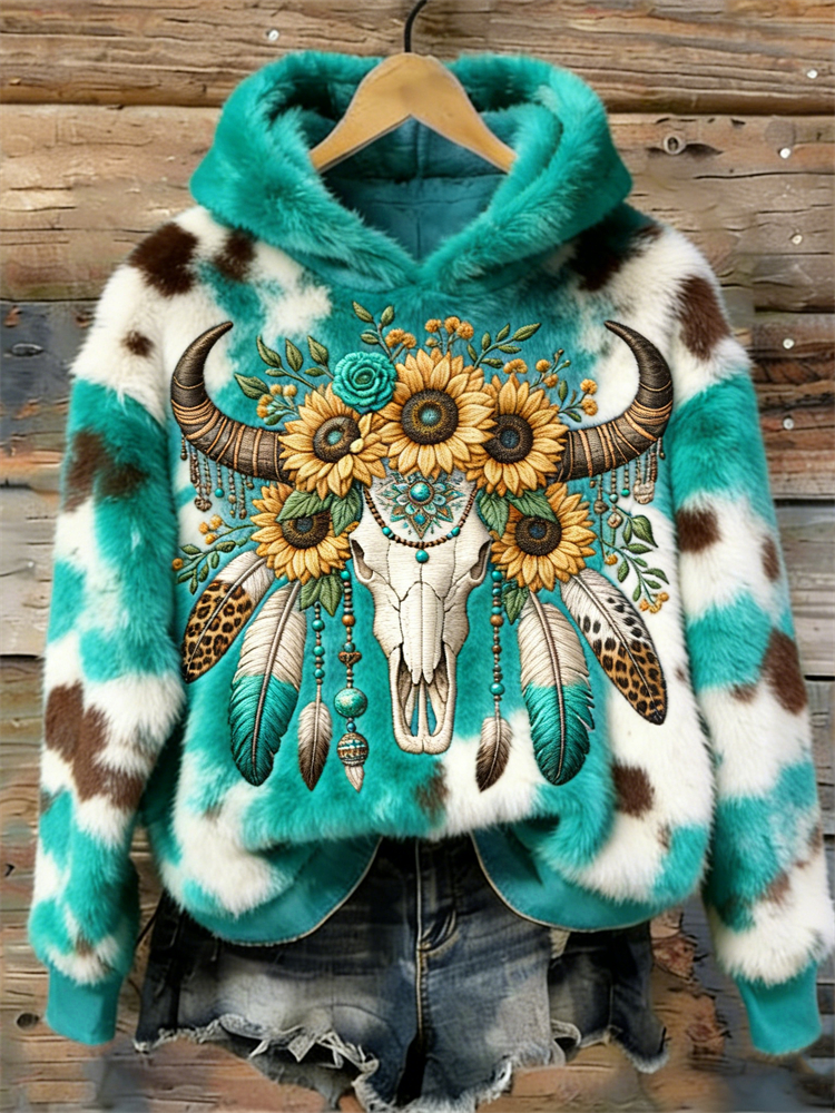 Western Bull Skull & Sunflowers Turquoise Cowhide Cozy Plush Hoodie wearshes