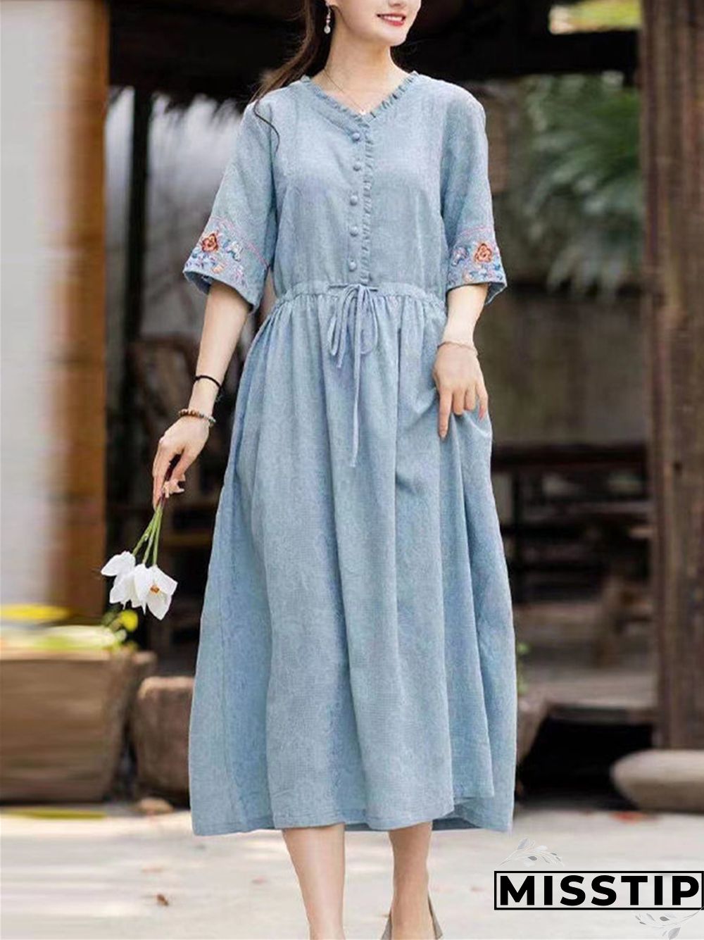 Embroidered V-neck Cotton Linen Dress Loose Lace Up Long Skirt