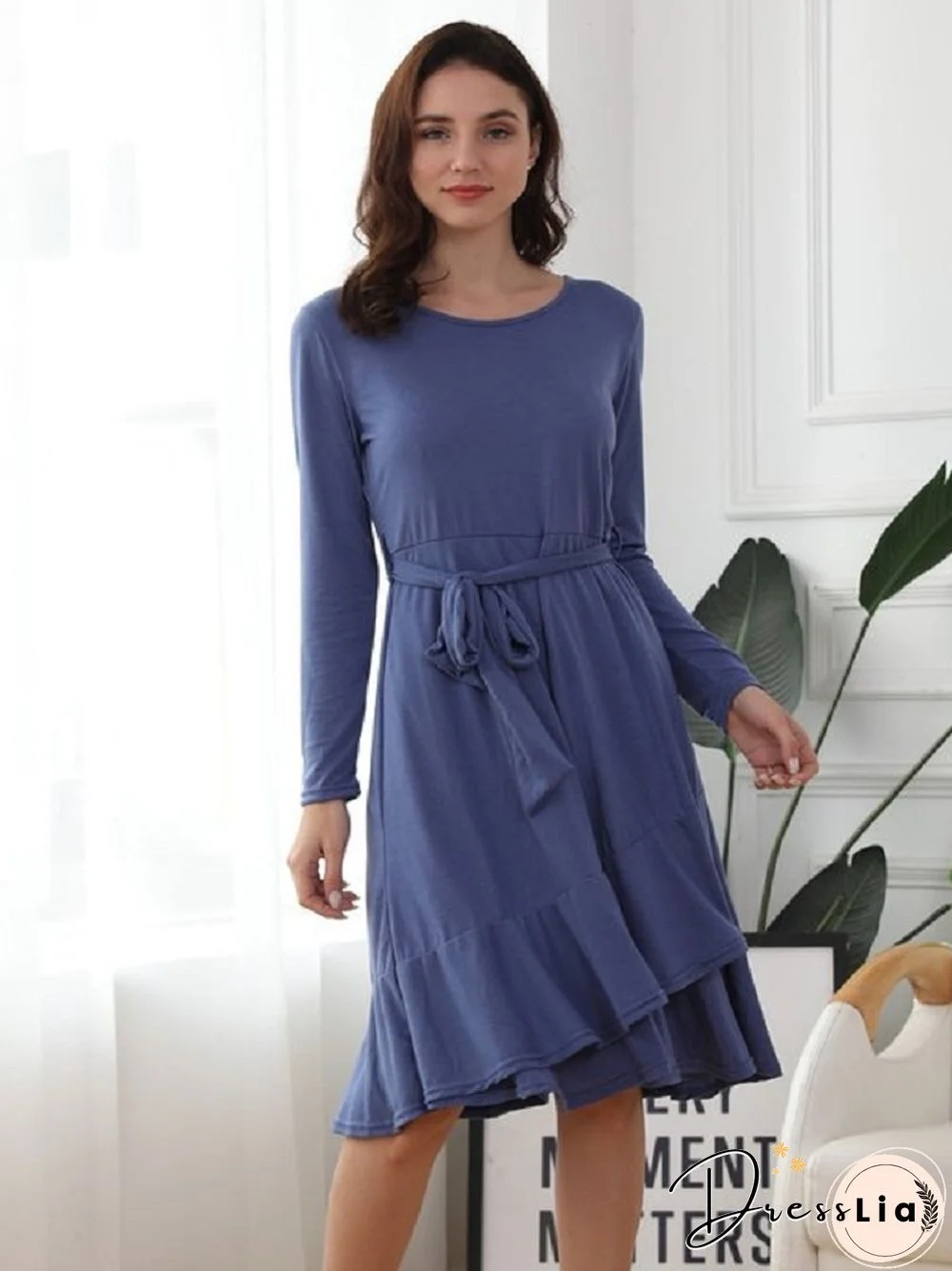 Solid Color Round Neck Ruffled Lace Dress