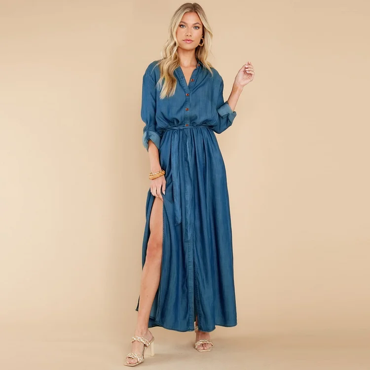 Women's Denim Dress Lapel Long Sleeve Slit Midi Dress