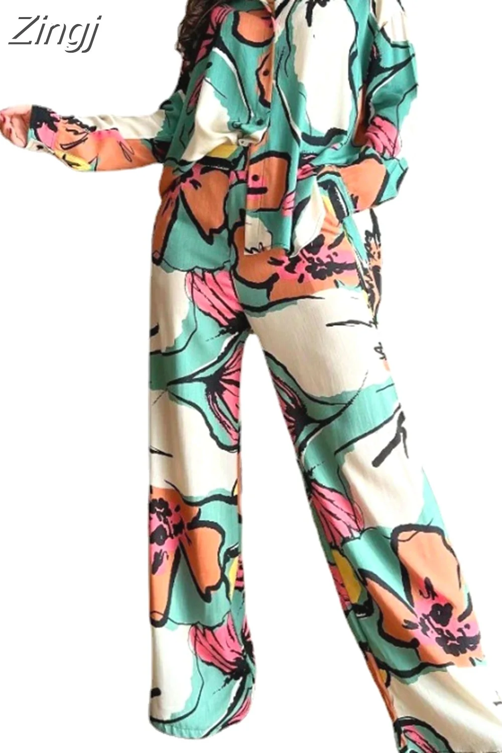 Zingj Pieces Women's Sets 2023 Summer Spring Flower Print Blouse Shirt Suit Tops And Pants Suits Two Piece Set Tracksuit Outfit