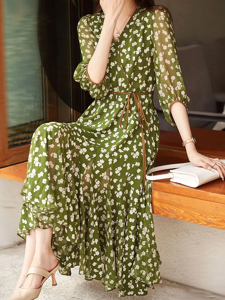 Retro Floral Wrap Waisted Dress-Green Long