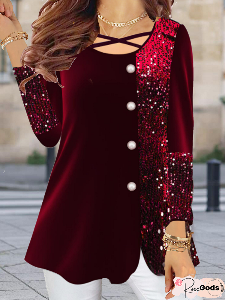 Long Sleeve Round Neck Holiday Party Gorgeous Velvet Korean Velvet Stitching Sequin Anti Pricking Double-Layer Fabric Design Top Plus Size