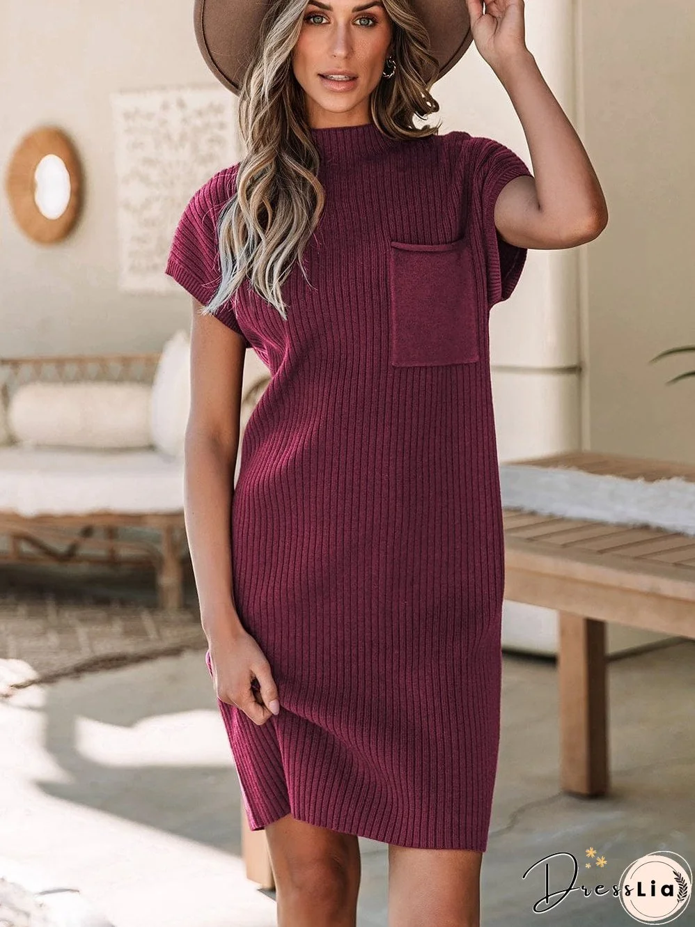 Crimson Dahlia Ribbed Knit Short Sleeve Sweater Dress with Patch Pocket