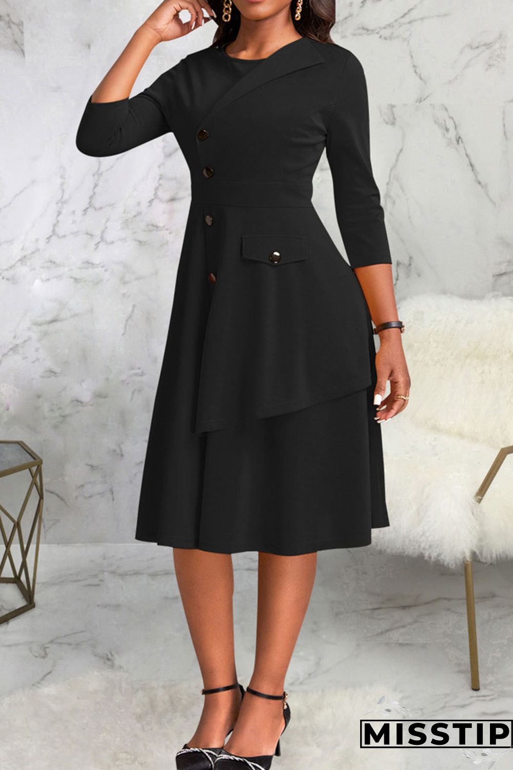 Black Casual Solid Patchwork Buttons O Neck A Line Dresses