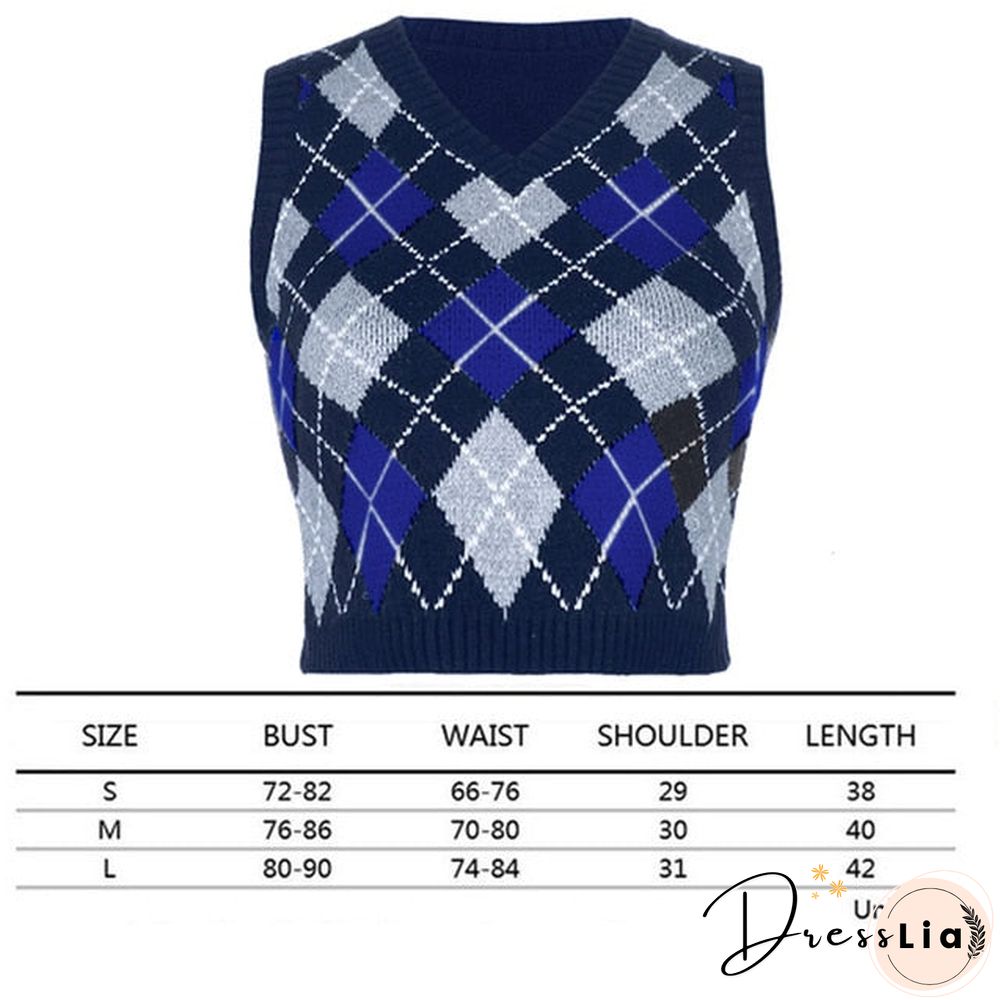 V Neck Vintage Argyle Sweater Vest Women Black Sleeveless Plaid Knitted Crop Sweaters Casual Autumn Preppy Style tops