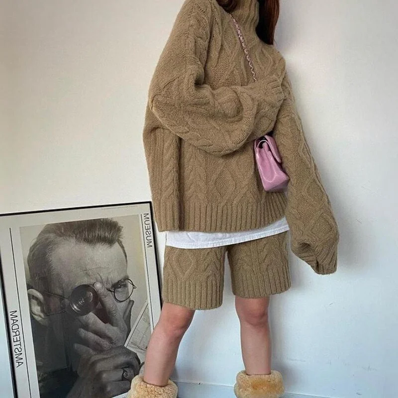 Women Casual Sweater Sets Long Sleeve Turtleneck Loose Sweater Top & High Waist Shorts Lady Winter Solid Knitted Outfits