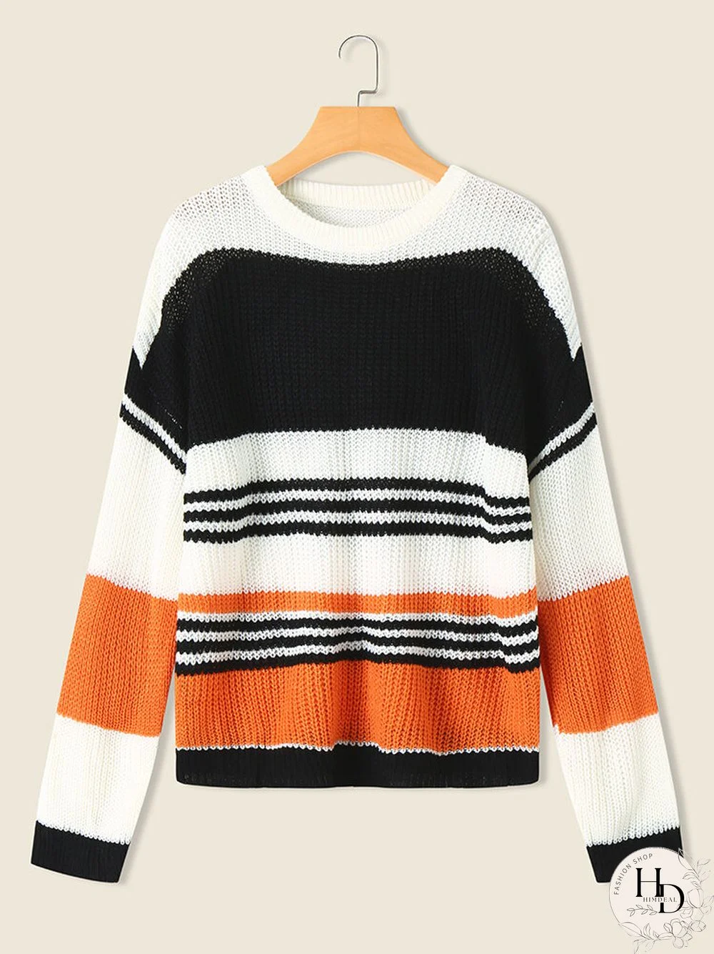 Stripe Long Sleeve Loose Crew Neck Knit Sweater