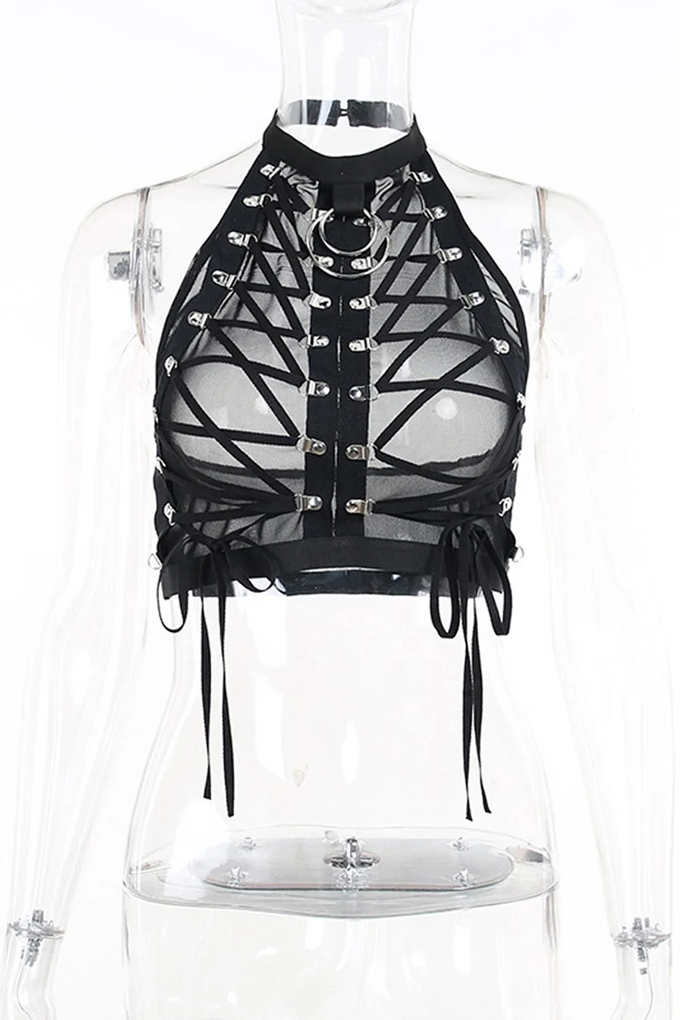 Gothic Black Party Straps Mesh See-through Halter Lace Up Tops