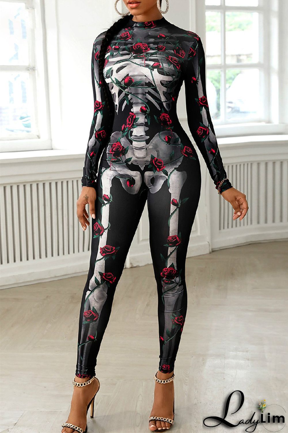 Black Fashion Casual Print Patchwork Half A Turtleneck Skinny Jumpsuits