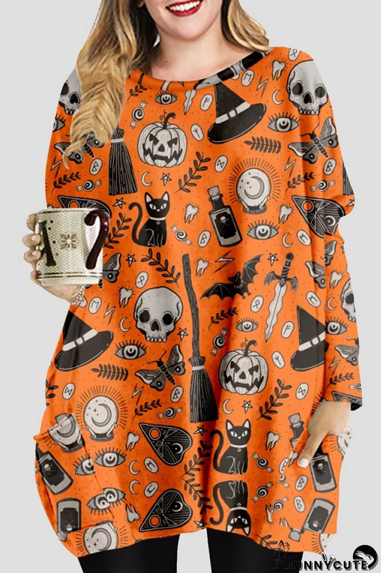 Orange Fashion Casual Skull Head Print Patchwork O Neck Tops