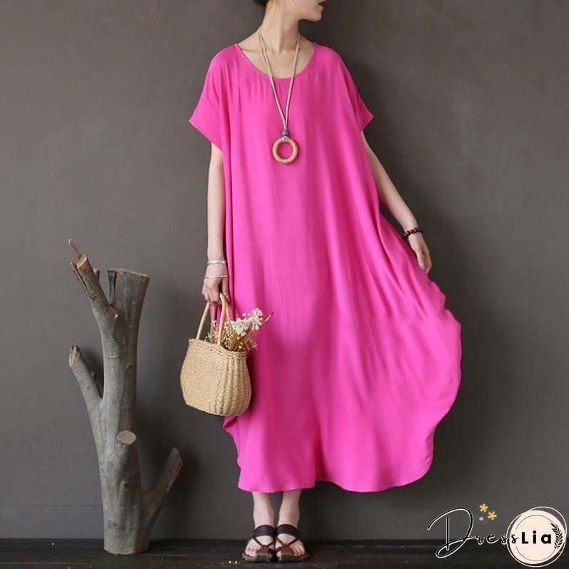 Women Cotton Short Sleeve Plain Pink Loose Dress