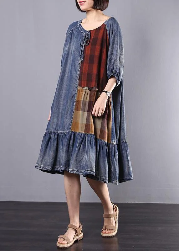 Women Cotton Tunics Indian Vintage Plaid Spliced Denim A-Line Dress