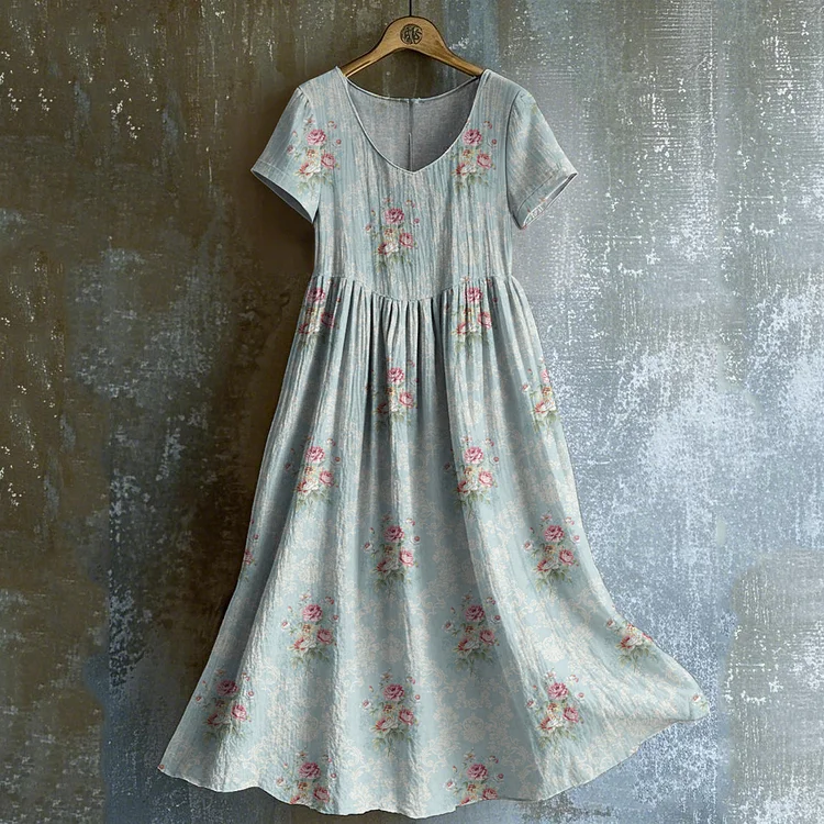 Women's Vintage Rose Print V-neck Short Sleeve Midi Dress