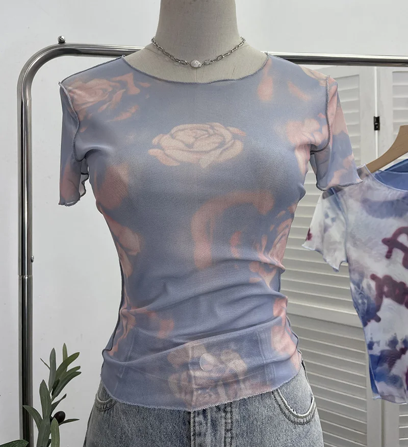Uveng Single-Layer Thin Mesh Tie-Dye-Repair Short-Sleeved T-Shirt For Girls Summer Short-Sleeved Hottie Top 9917