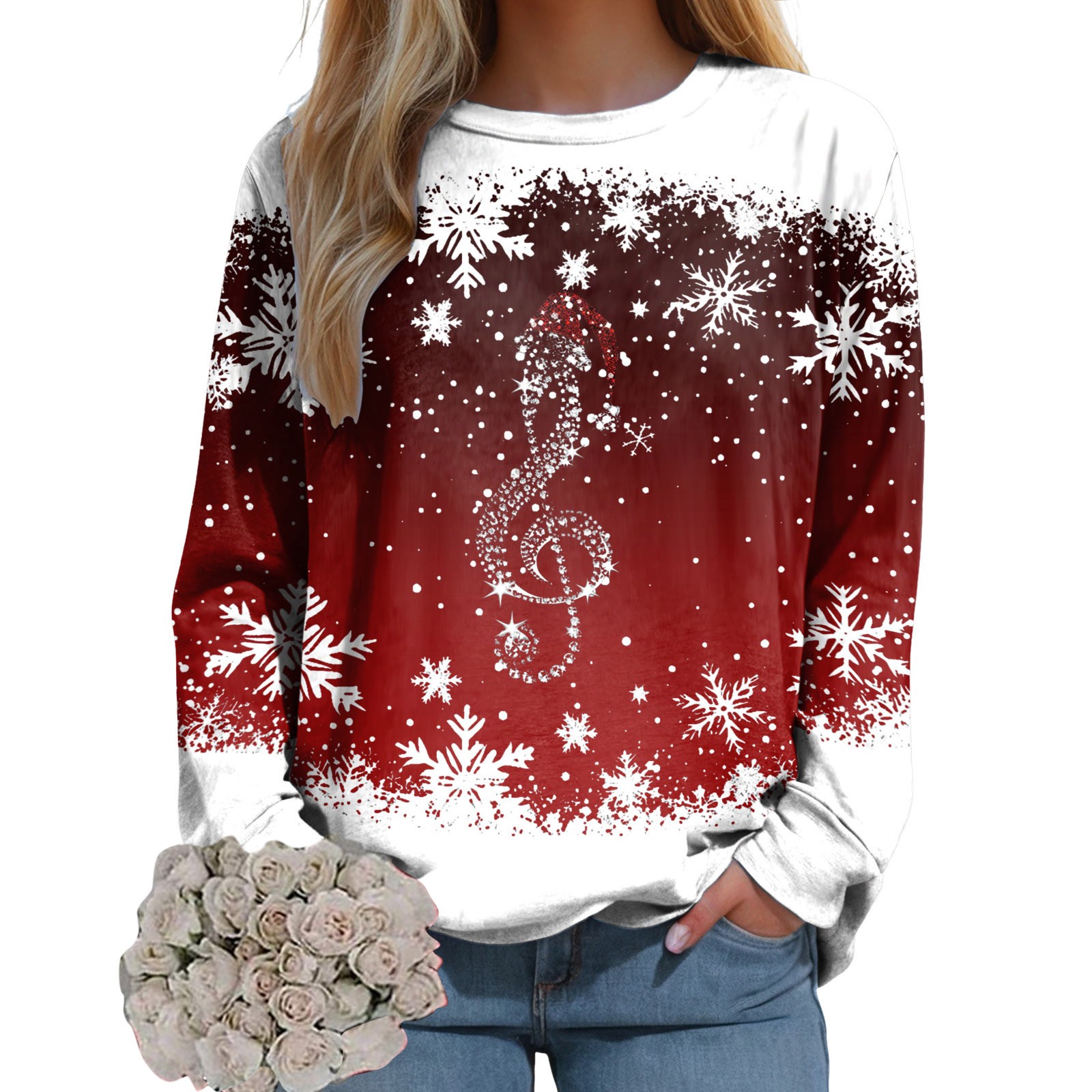 Oneswheels costumes for adult women Christmas New Year Hoodless 2025 Women Long Sleeve Pullover Xmas Pattern Printed Round Neck Sweatshirt Casual Loose Comfy Tops