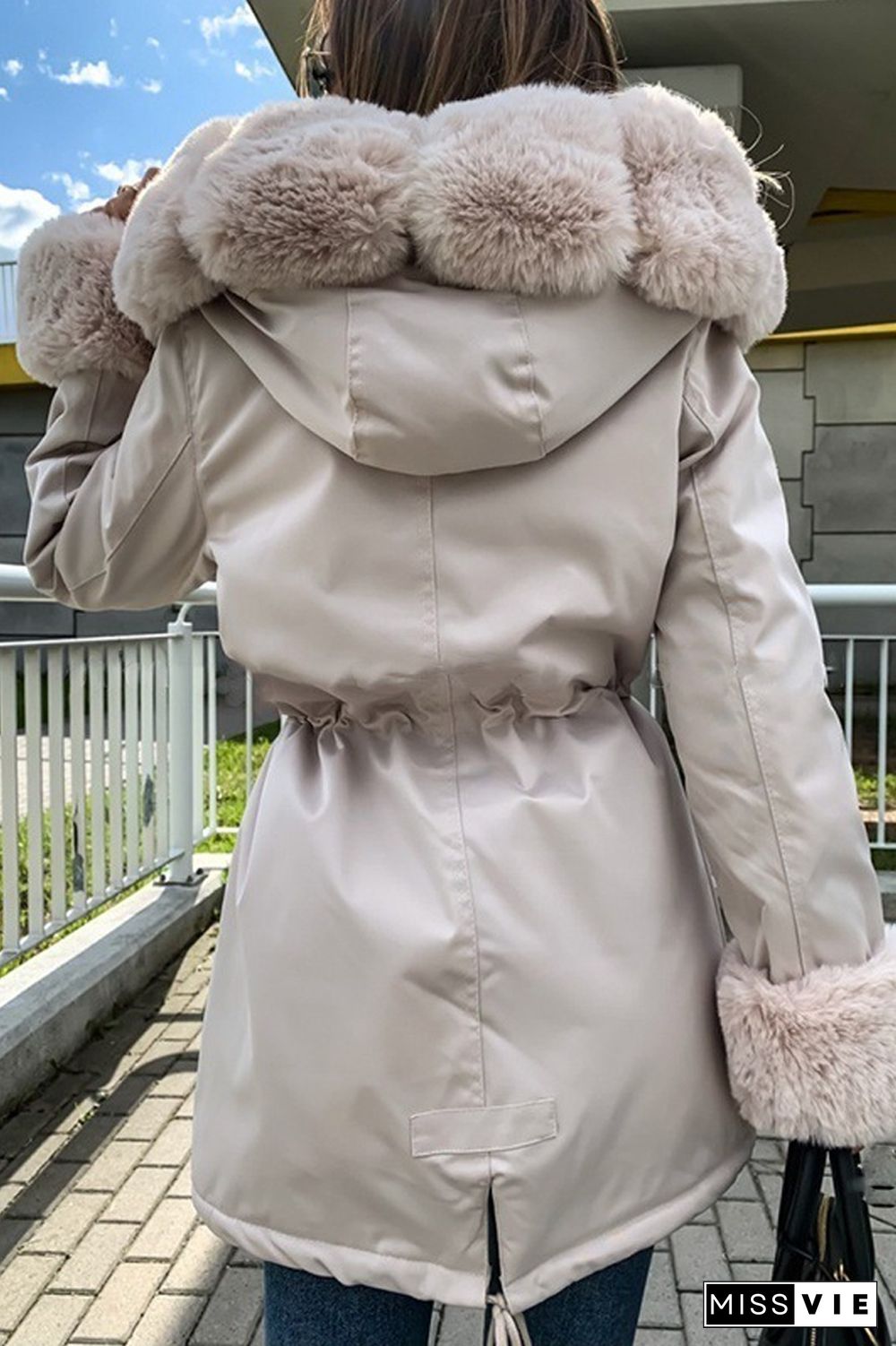 Drawstring Waist Fur Collar Fluffy Hooded Coat