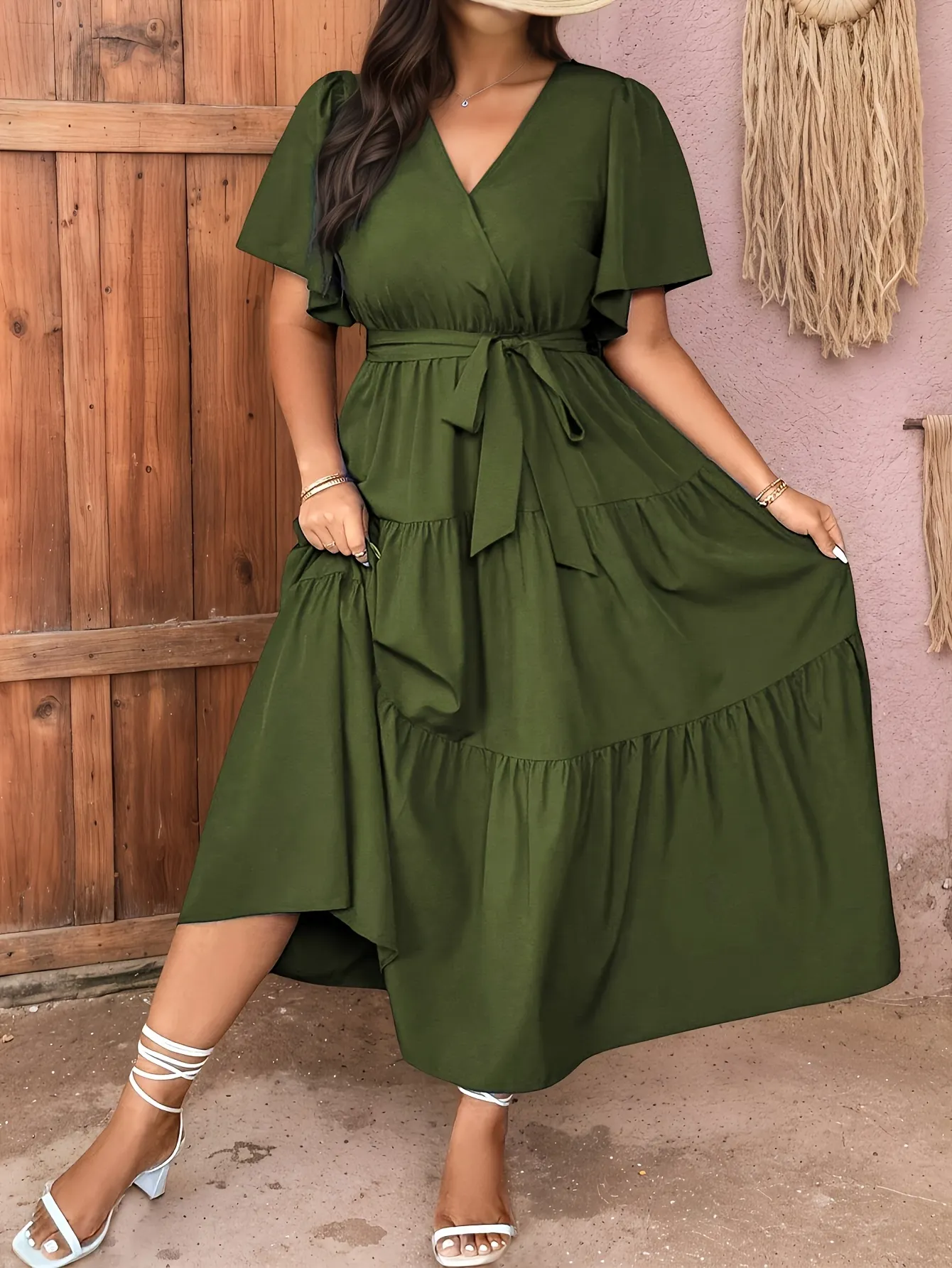Plus Size Womens Elegant V-Neck A-Line Dress Short Sleeve Midi With Cinched Waist