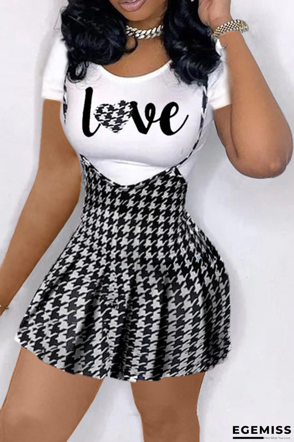 Black White Casual Plaid Patchwork O Neck Short Sleeve Two Pieces | EGEMISS