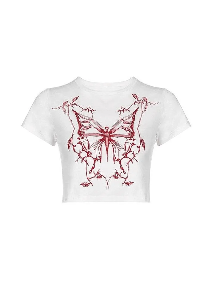 Brownm Butterfly Print White Crop Top