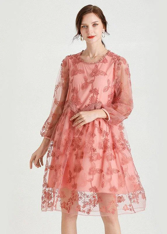Style Pink Patchwork Embroideried Fall Lace Vacation Dress Long Sleeve