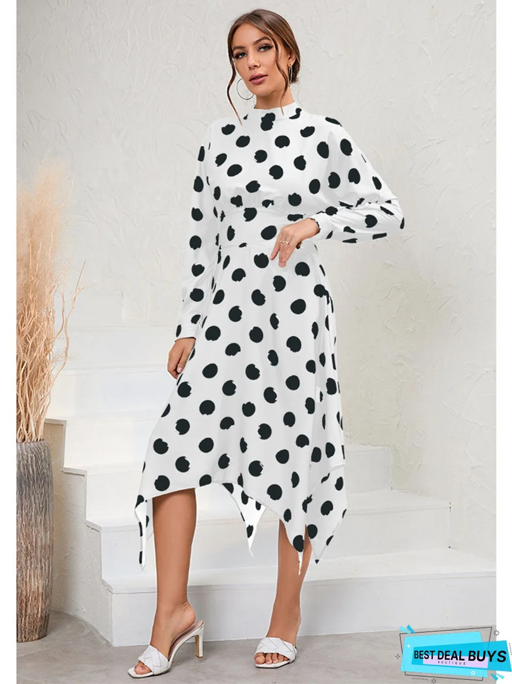 Casual Irregular Long Sleeve Polka Dot Dress