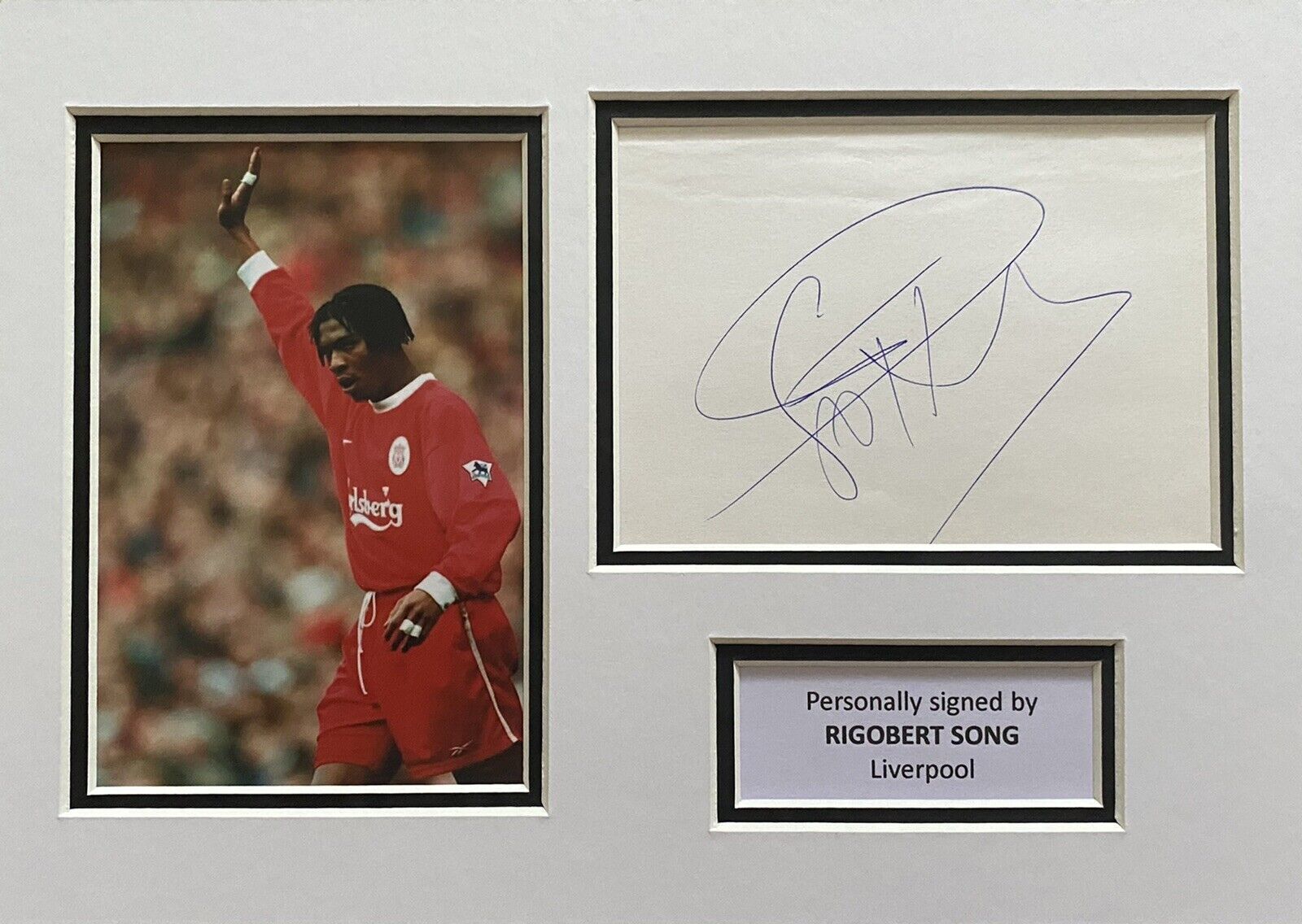 Rigobert Song Hand Signed White Card In A4 Liverpool Mount Display