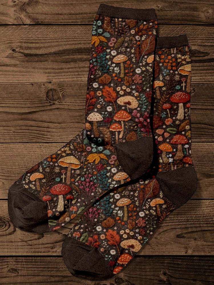 Floral and Mushroom Embroidery Art Comfy Socks