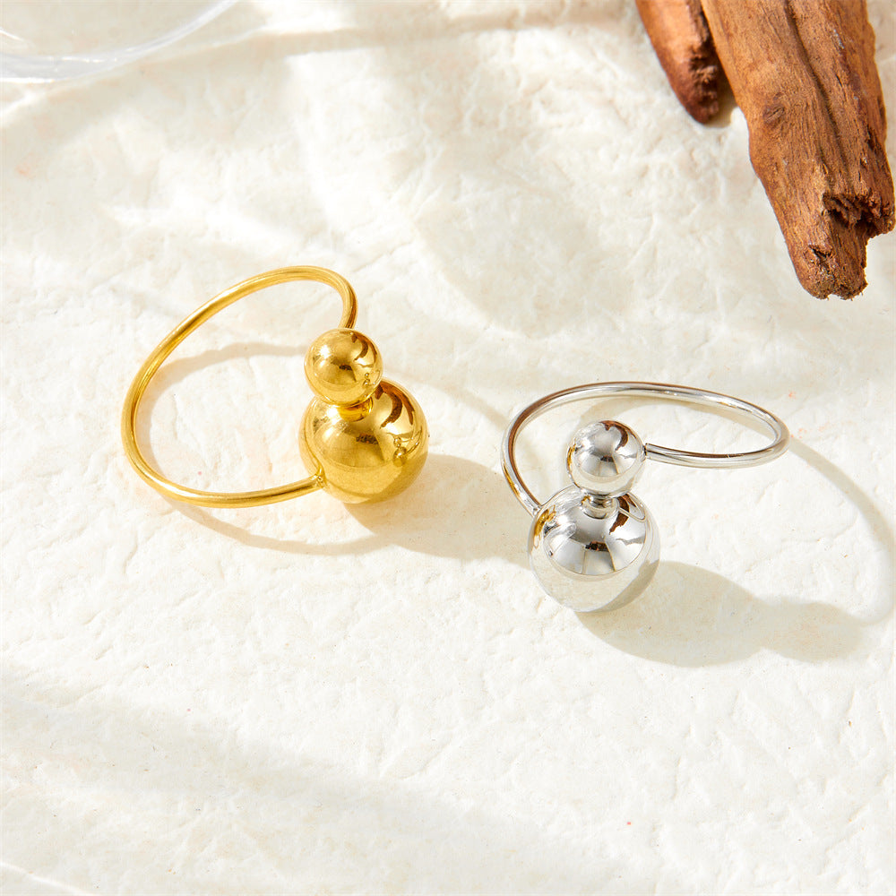 Small And Cool Style Large And Small Round Balls With Movable Mouth And Gold-Plated Stainless Steel Thin Ring For Women'S Ring