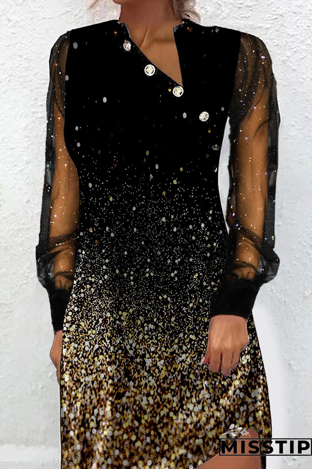 Black Elegant Print Patchwork Buttons Mesh V Neck Princess Dresses