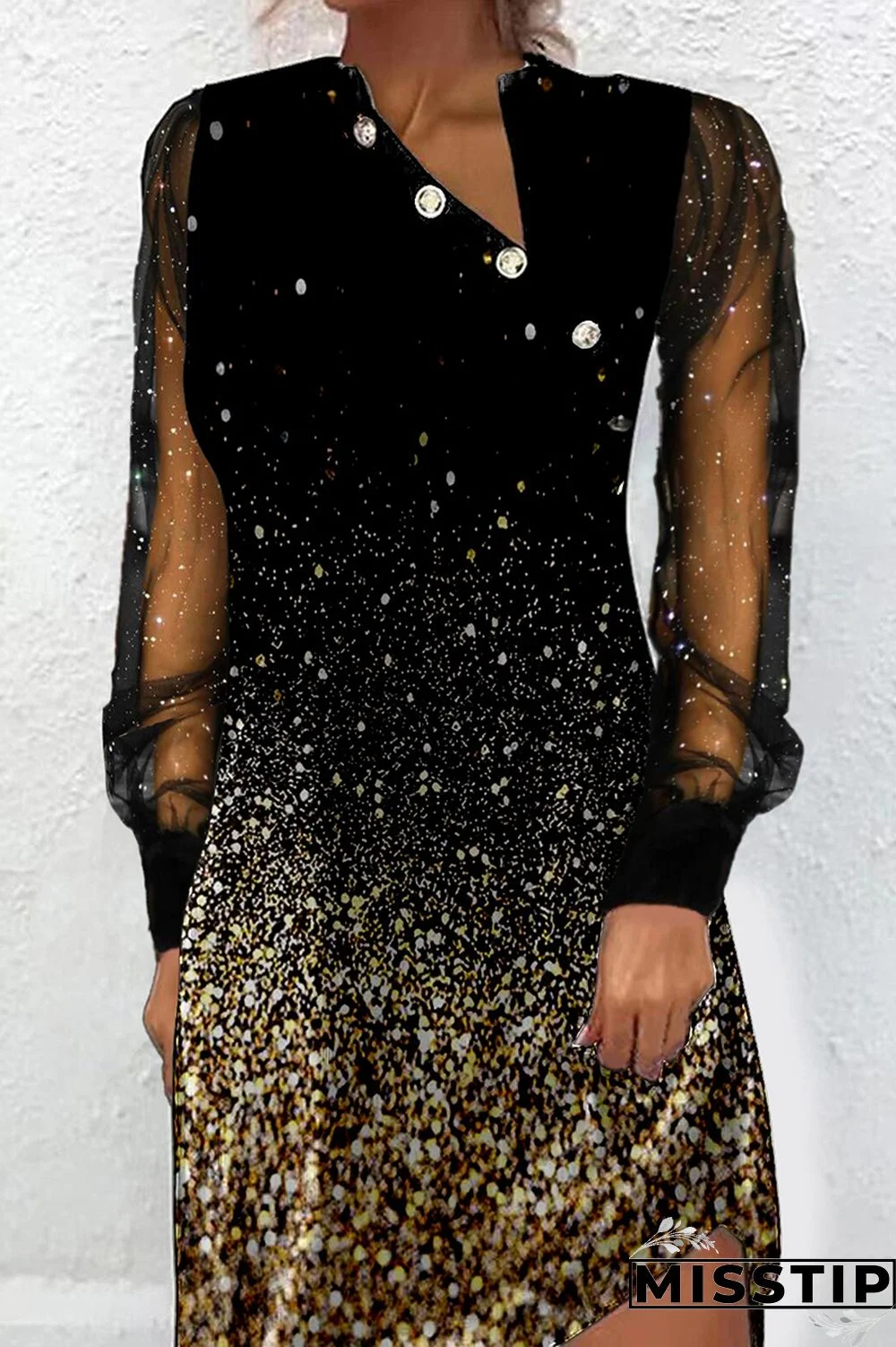 Black Elegant Print Patchwork Buttons Mesh V Neck Princess Dresses