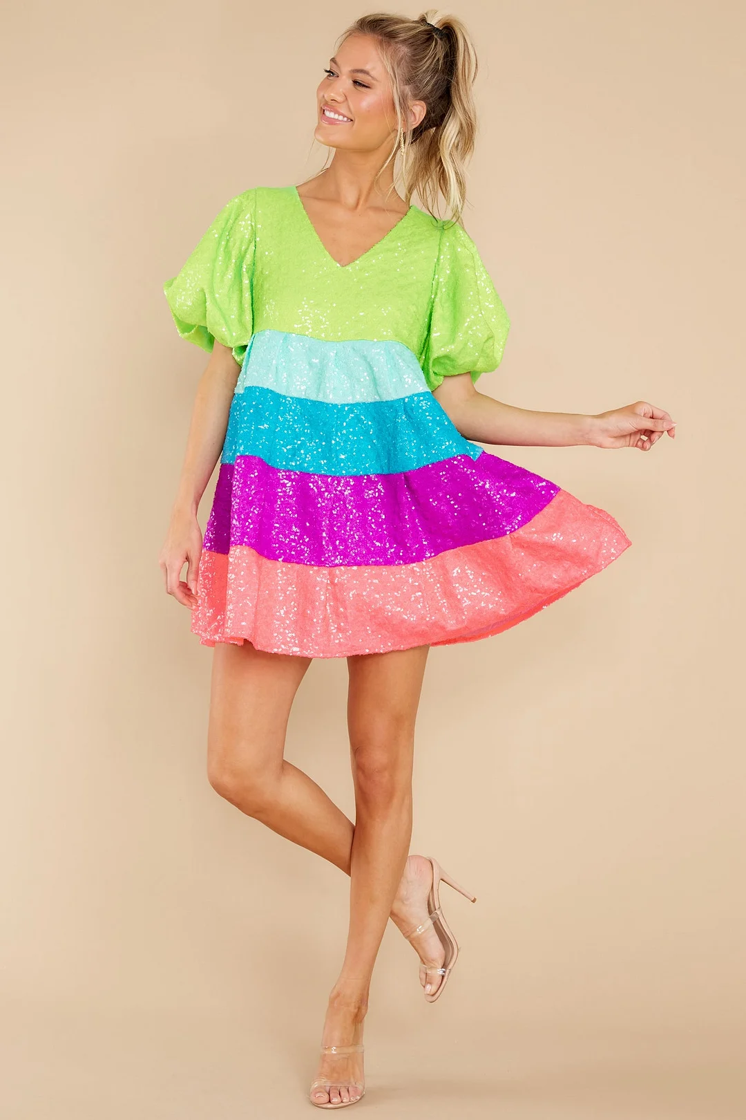 Neon Tiered Poof Sleeve Dress