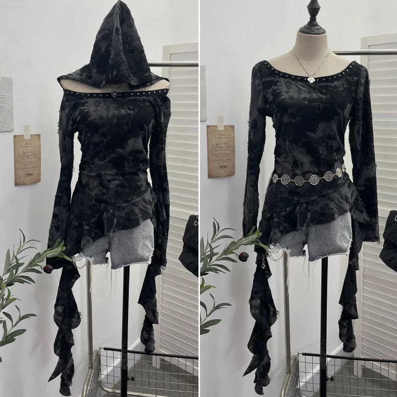 Churchf Real Shooting Niche Does Not Hit The Wasteland Hottie Wearing Hooded Holes Long Sleeves Irregular Ribbon Clothing 9297