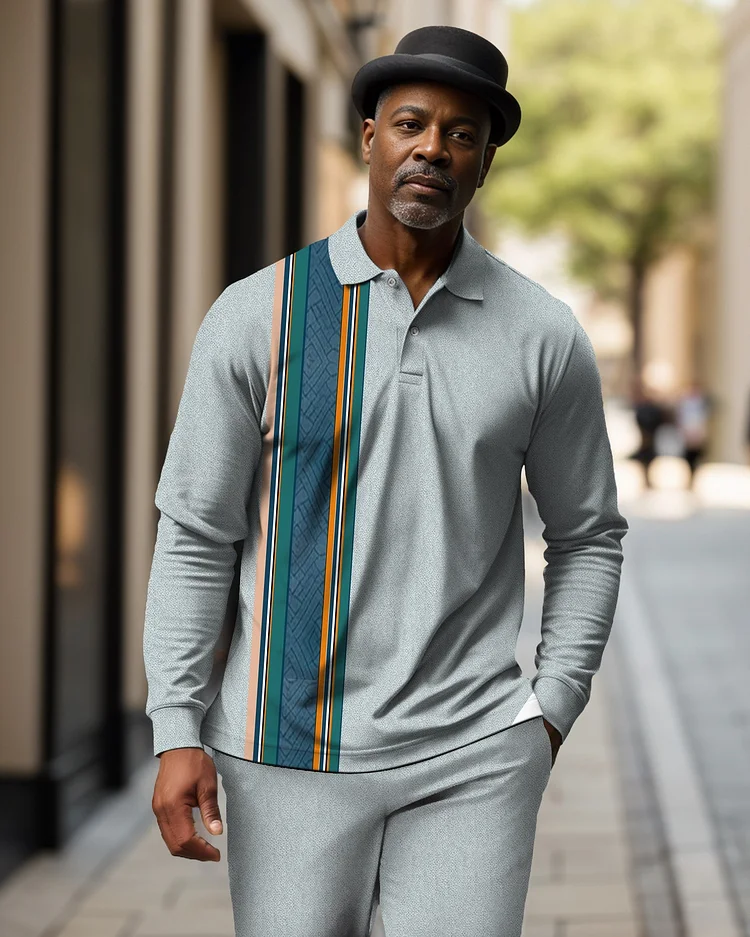 Men's Geometric Plaid Casual Colorblock POLO Shirt Trousers Set 026