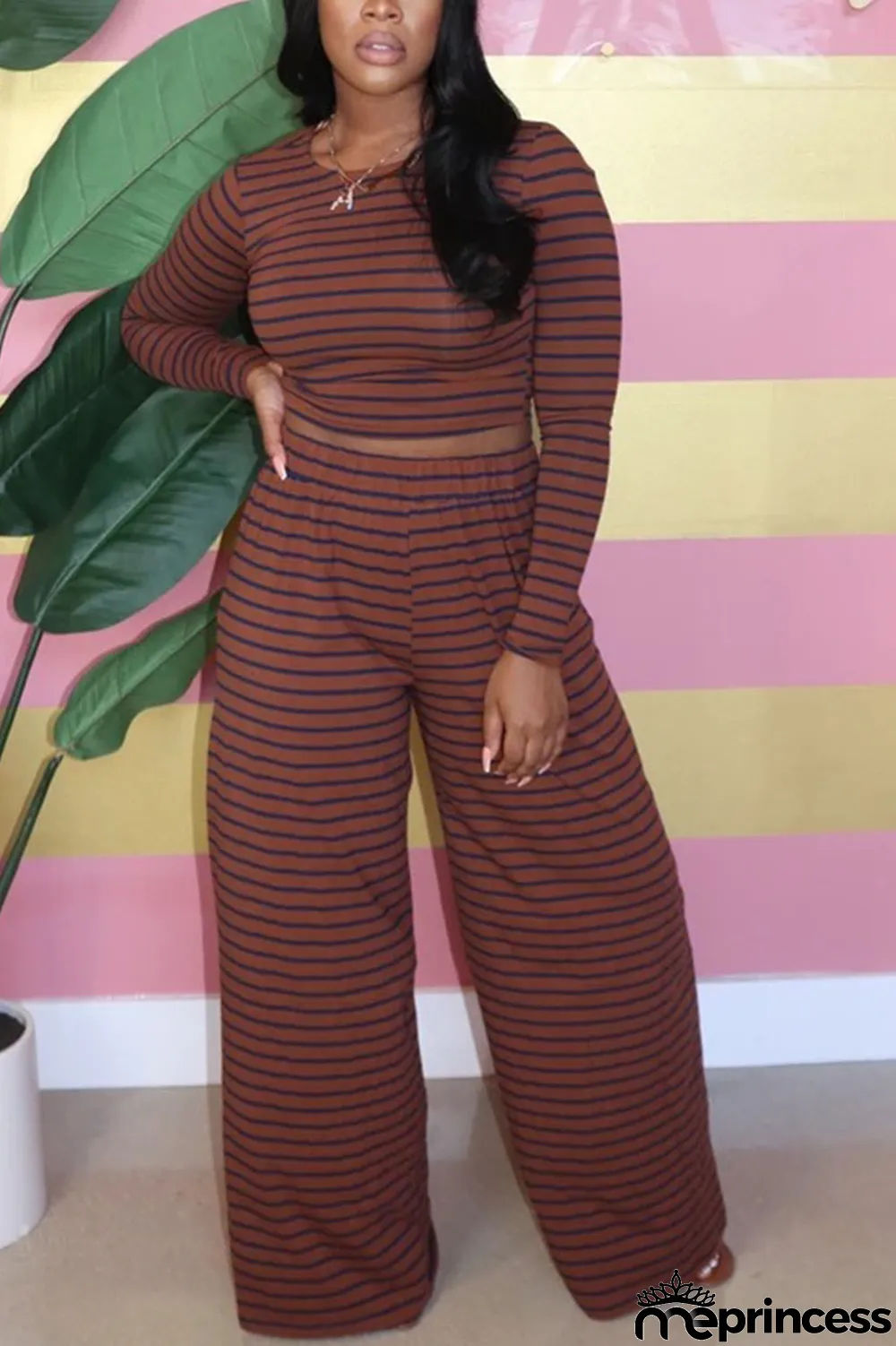 Coffee Casual Polyester Cotton Blends Striped Print Pullovers Pants O Neck Long Sleeve Regular Sleeve Short Two Pieces