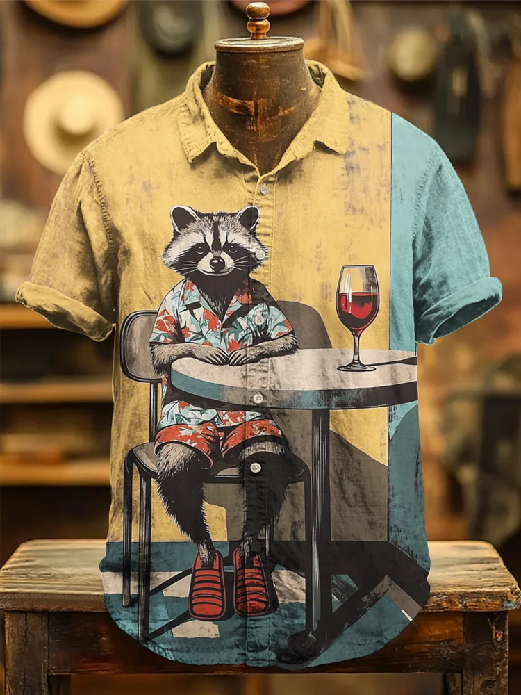 Men's Raccoon Drinking Red Wine Holiday Art Print Casual Shirt