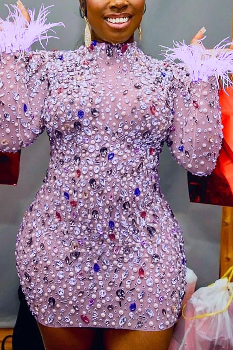 Plus Size Lavender Party Rhinestone Feather Mesh Bodycon Mini Dress [Pre-Order]