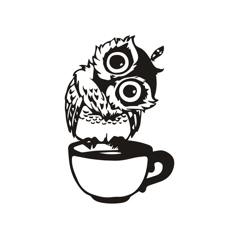Cute Cartoon Owl on Mug Wall Stickers Coffee Decorative Decal for Kitchen Dining Room Vinyl Stickers for Coffee Bar Home Decor