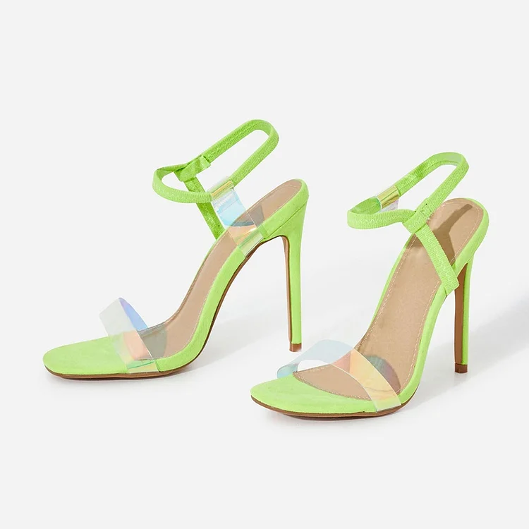 Neon Green Suede Clear PVC Stiletto Heels Sandals |FSJ Shoes