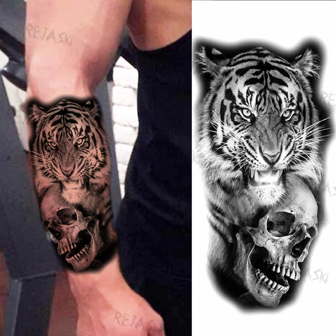 Sdrawing Big Lion Crown Temporary Tattoos For Men Women Tiger Flower Cross Skull Realistic Fake Tattoo Body Art Tatoo Sticker