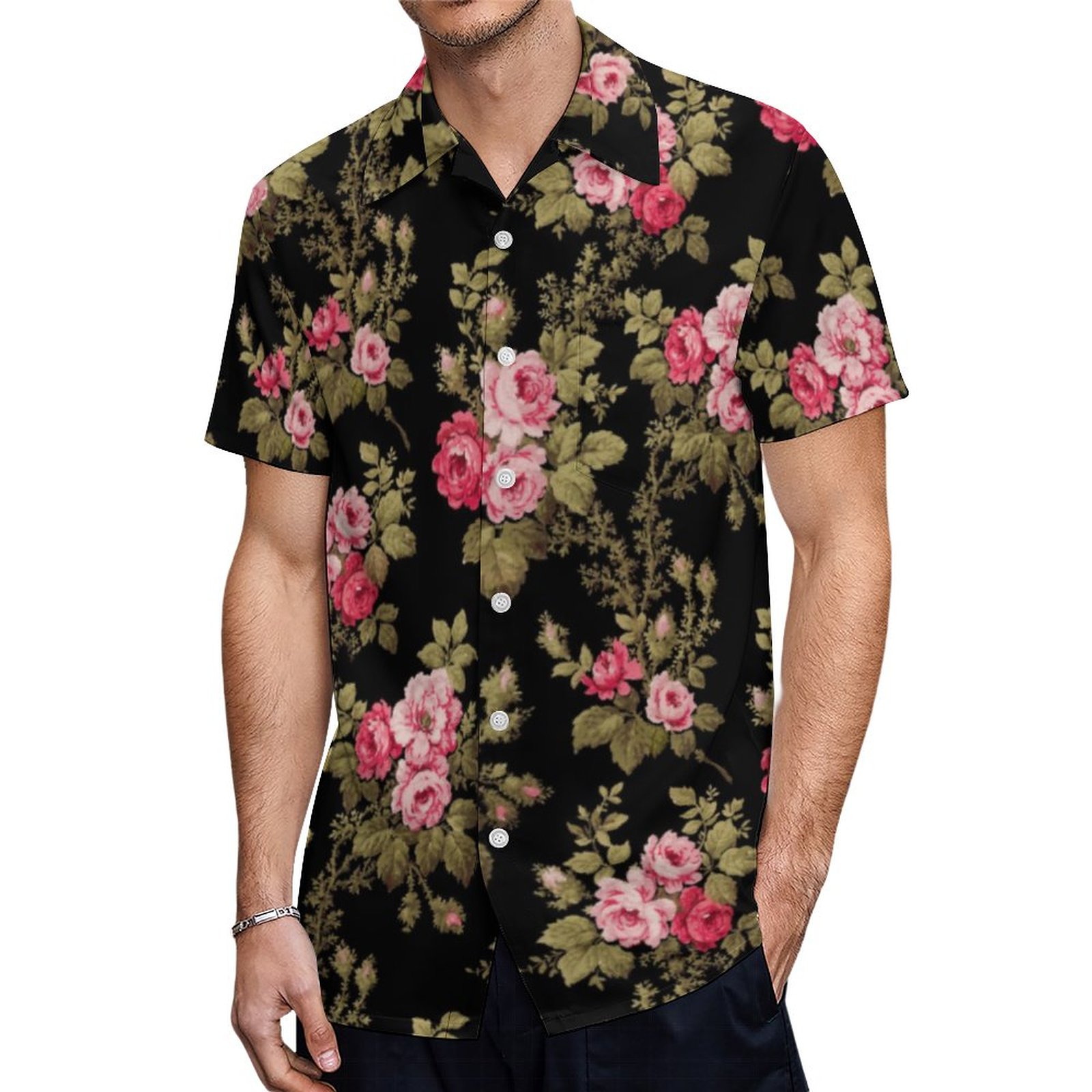Elegant Vintage Pink Roses Black Background Hawaiian Shirt Mens Button Down Tropical Hawaii Beach Shirts