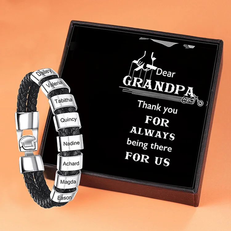 8 Names-Personalized Grandpa Braided Leather Bracelet Card Set, Custom Bracelet Engraved 8 Names Bracelet for Grandpa