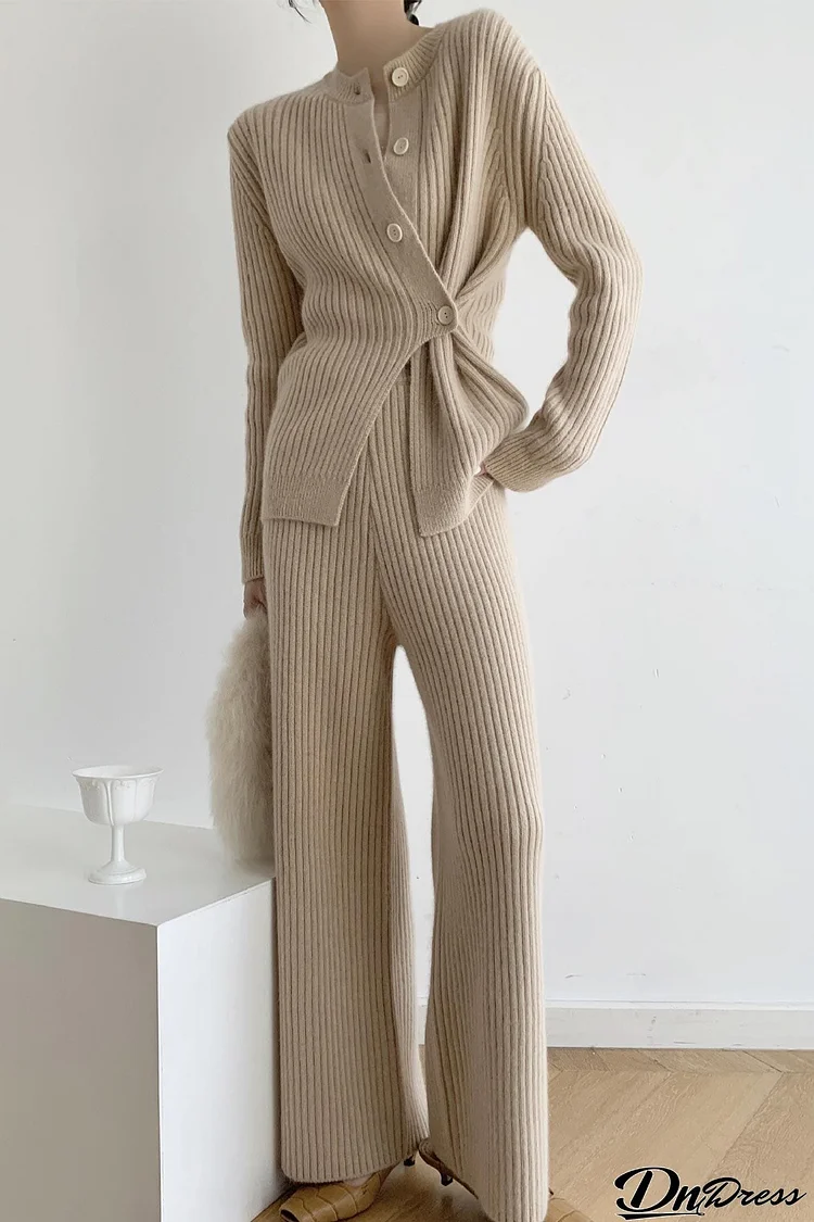 Khaki Ribbed Cardigan Pant Set