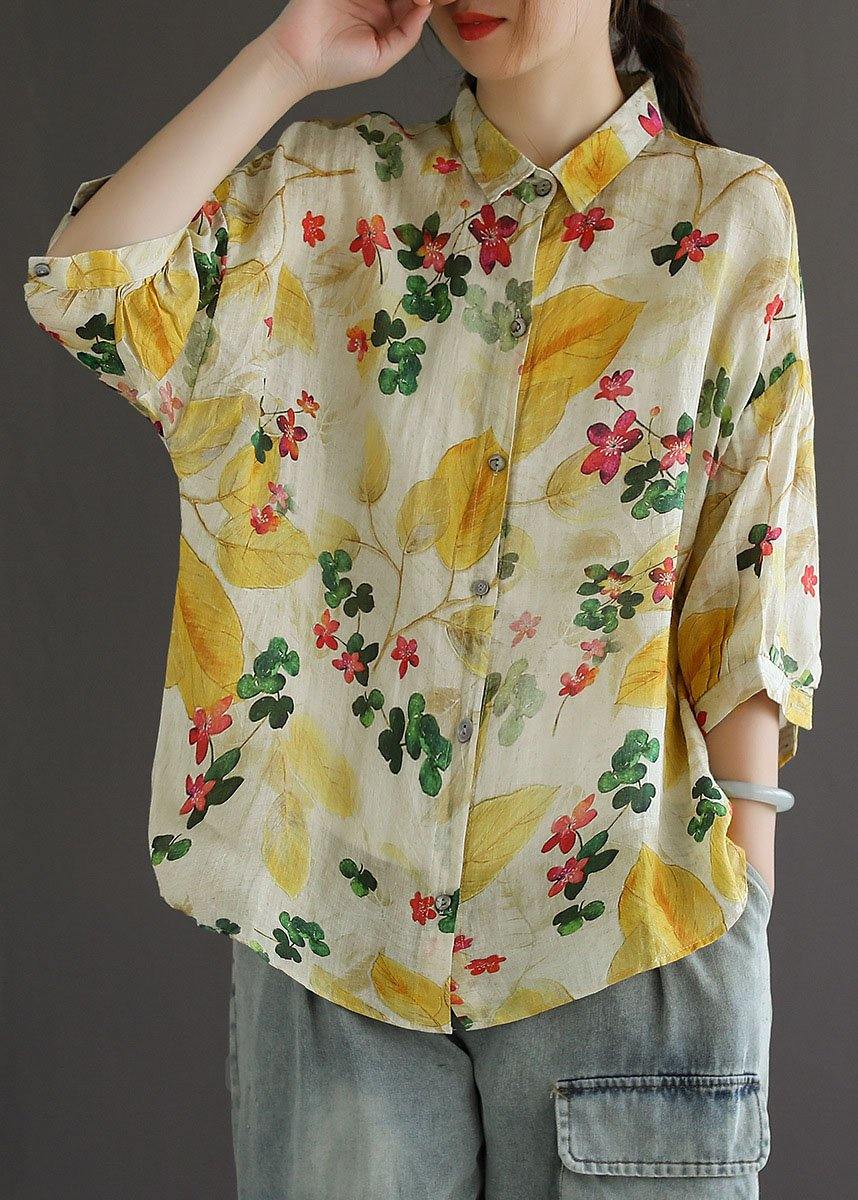 VCSHOES Print Peter Pan Collar Button Summer Linen Top Three Quarter Sleeve