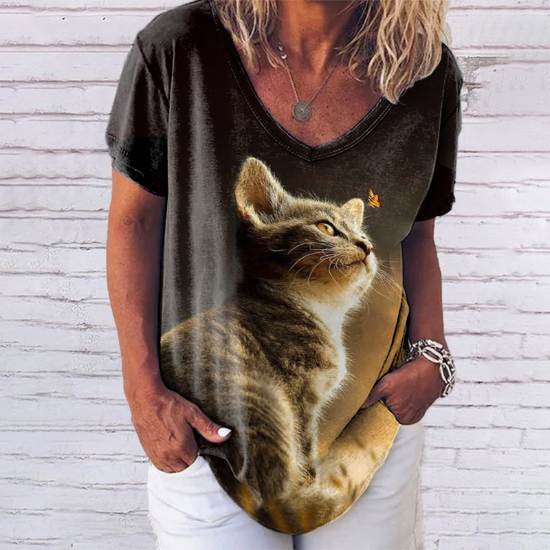 Casual V Neck Fun Cat Print Short Sleeve T-Shirt wearshes