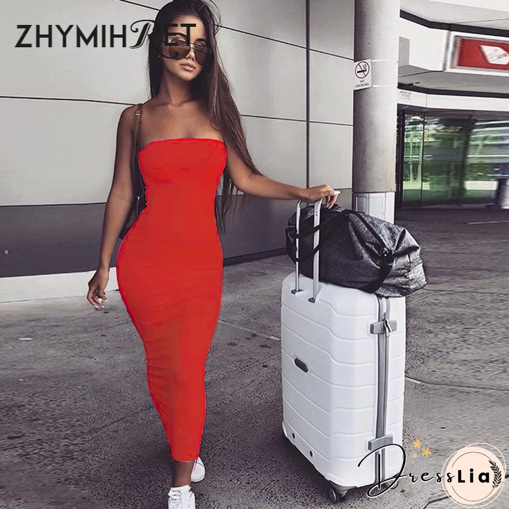 ZHYMIHRET Elegant Red Skinny Tube Dress Strapless Long Sexy Dress Backless Bandage Dress Party Night Off Shoulder Vestidos Femme